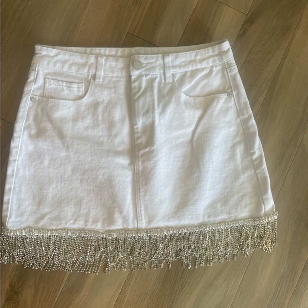 Blank NYC White Denim Skirt with Silver Fringe